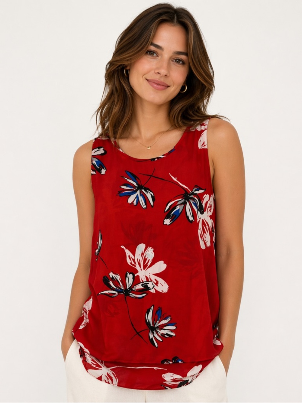 Willi Smith Red Floral Sleeveless Blouse Women’s Size Large Layered Hem Tank Top